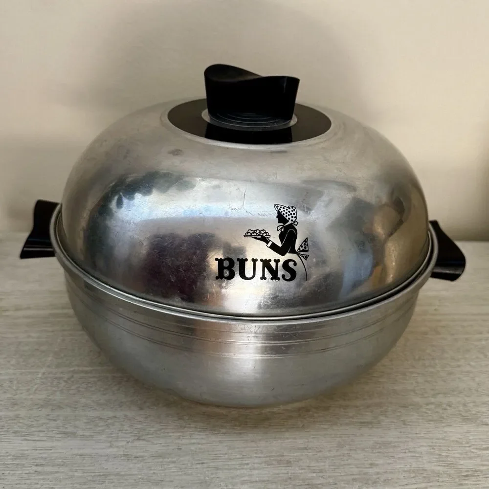 Vintage West Bend Aluminum Serving Oven Bun Warmer Buns Girl Graphic 3 Piece MCM